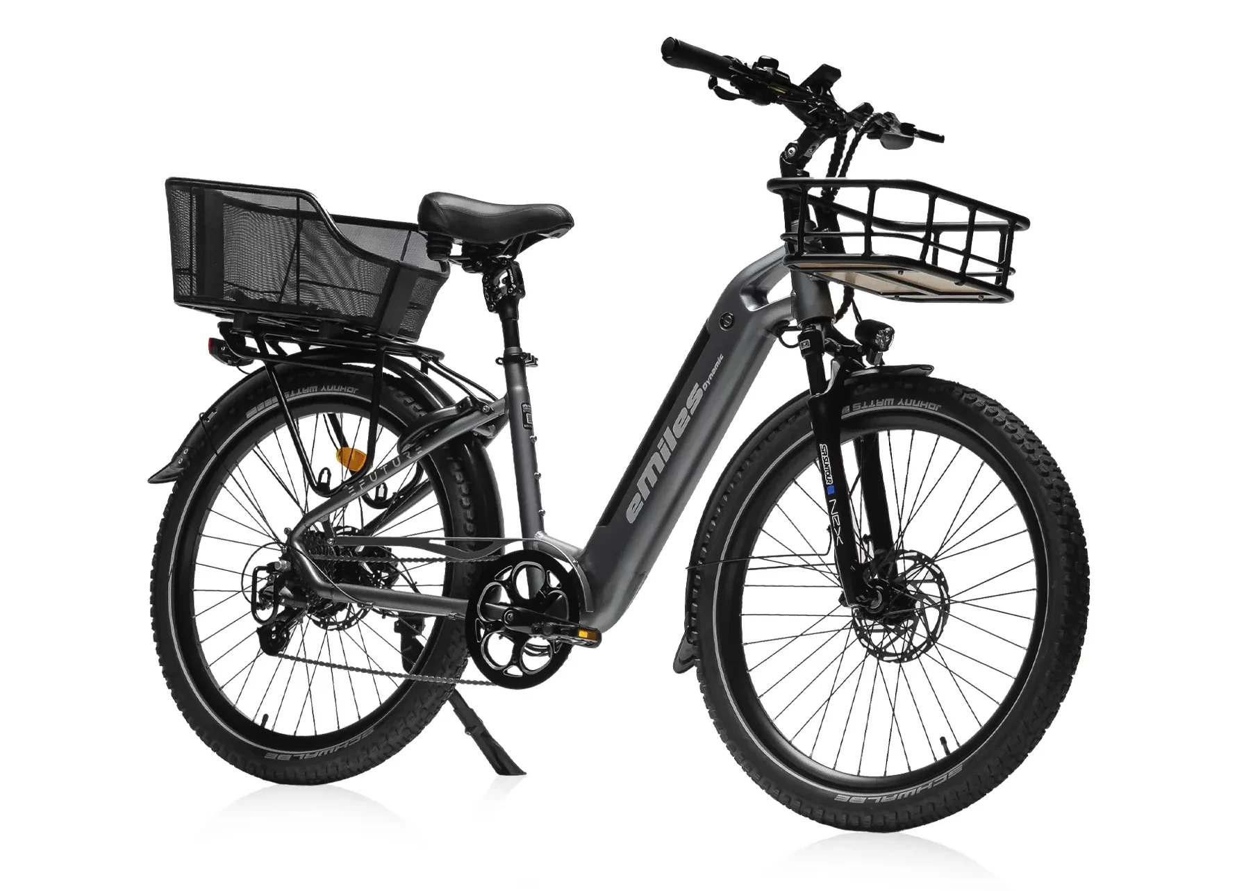 eMiles Dynamic - Titanium Grå 7 Efuture Elcykel eMiles Dynamic med Fiber Tech Bagkurv, komfort sadelpind, komfort sæde og frontlad m. træbund
